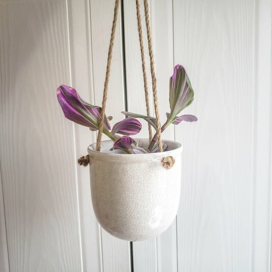 White Ceramic 4" hanging planter-pot-ThePaintedLeaf-care